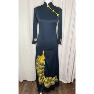 1960s Handmade Black Gold Thread Oriental Peacock Bird Mod Asian Maxi Dress M